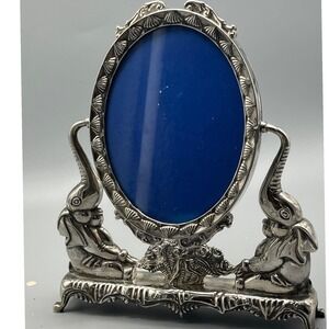 Vintage Silver plated swivel tilt dresser vanity Oval mirror footed Elephants